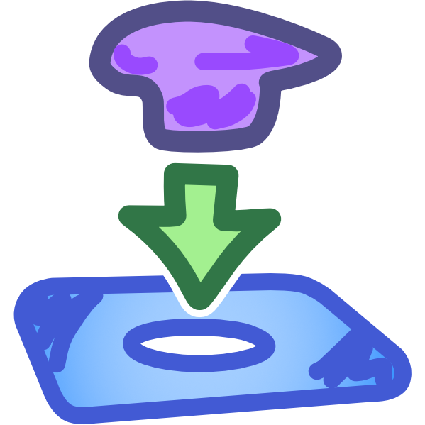 A blue rounded rectangle with a hole in the middle has a green arrow above it pointing to the hole. The arrow originates below an organic purple shape. The shape is sort of like an oval sitting on a rectangle. The rectangle is the perfect size to fit in the hole, the oval is too big for it, making the shape an effective plug. The image has dark line art.